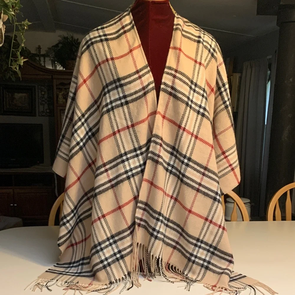 Classic Plaid Fringe Wrap Cape - Cream, Black & Red